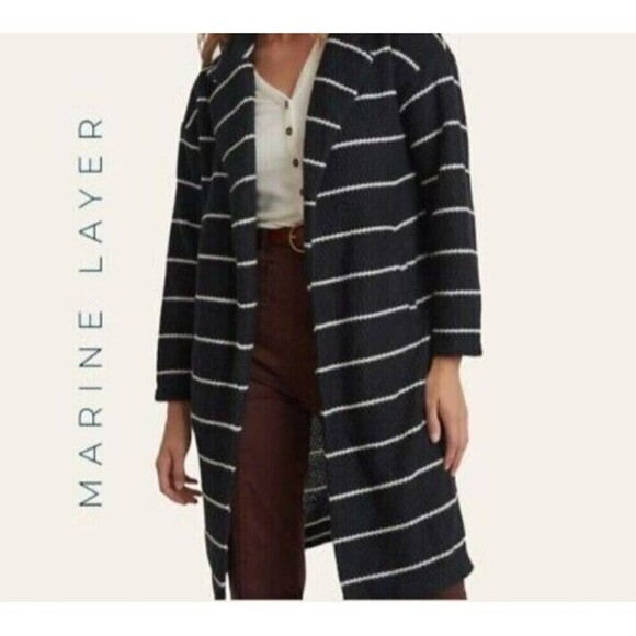 Marine LAYER LONG SLEEVE CARDIGAN Sz Small STRIPES COLLAR POCKETS Heavy KNIT SWE - Picture 2 of 8
